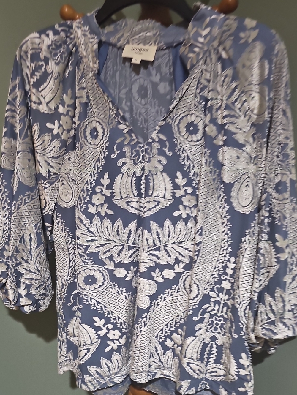 Umgee Blue and White Paisley V-Neck Blouse - Size M